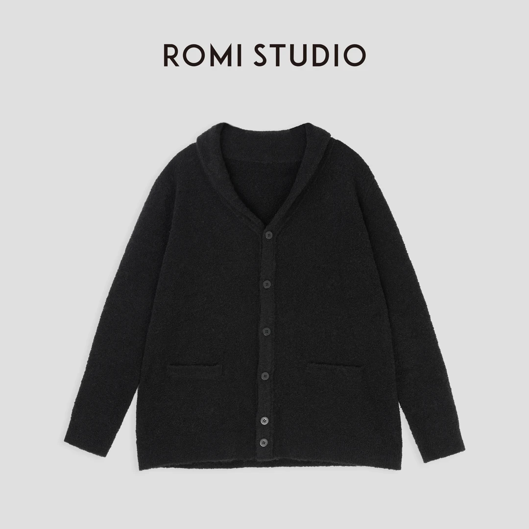 ROMI STUDIO“经典百搭”羊毛混纺小翻领休闲针织黑色开衫23AWM326