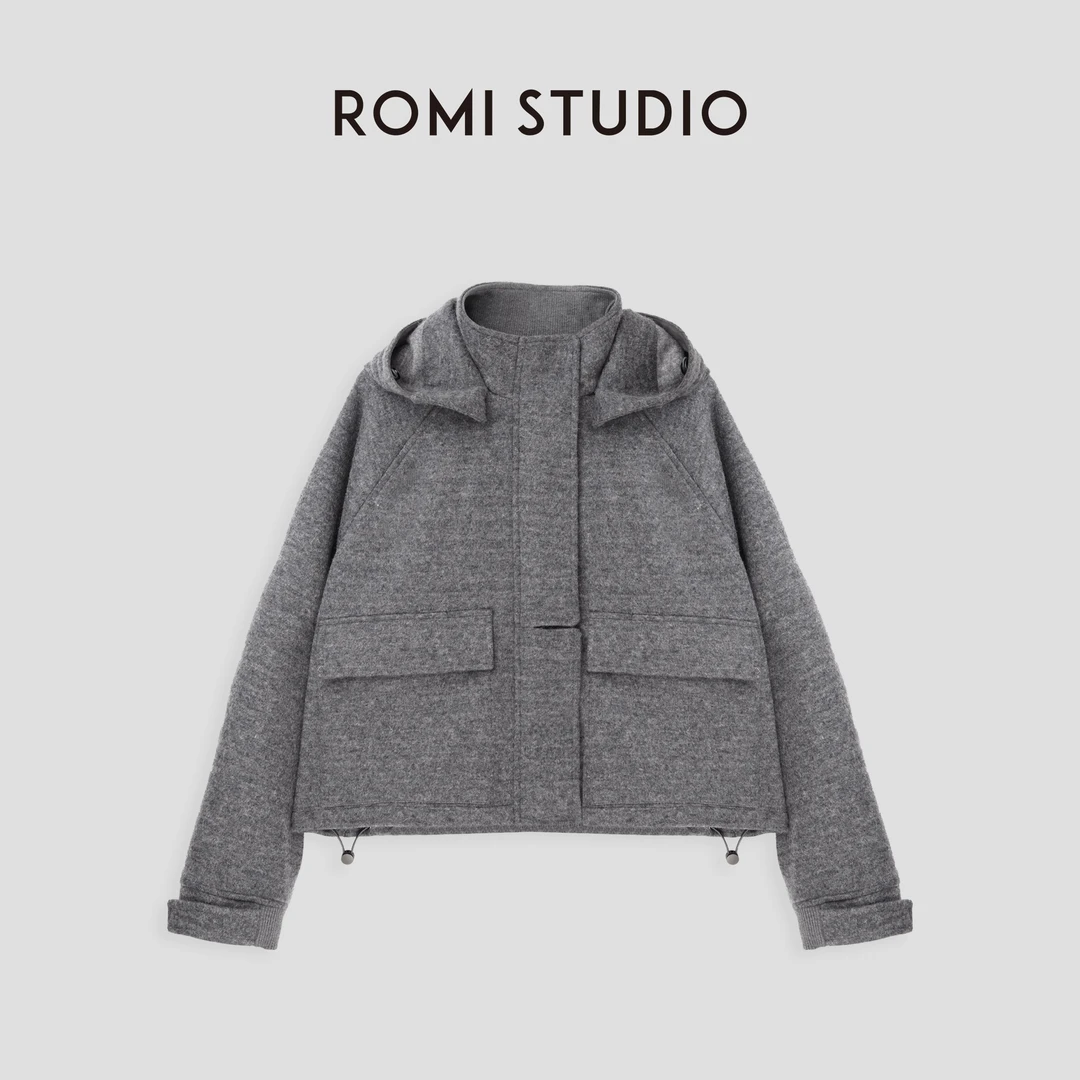 ROMI STUDIO"松弛随性"精纺羊毛连帽可拆卸宽松大衣外套23AWW657