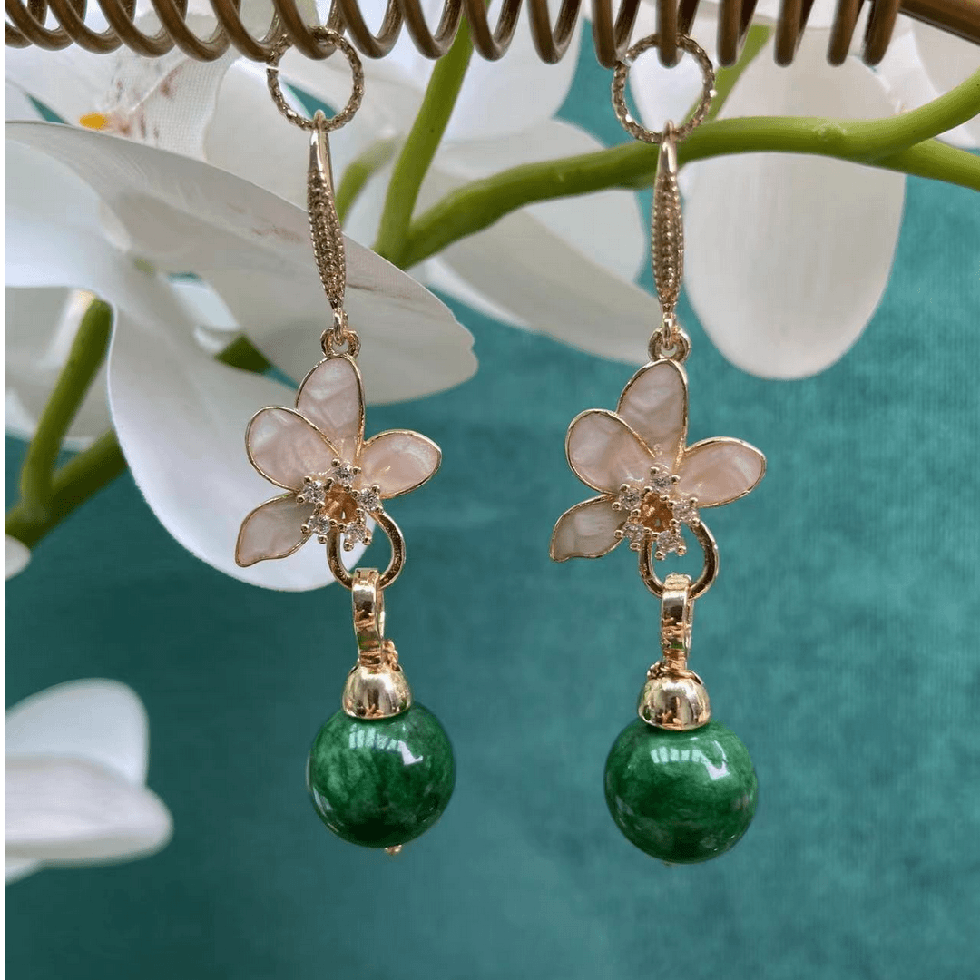 铜合金珐琅耳饰 原创经典绿珠百花耳钩801