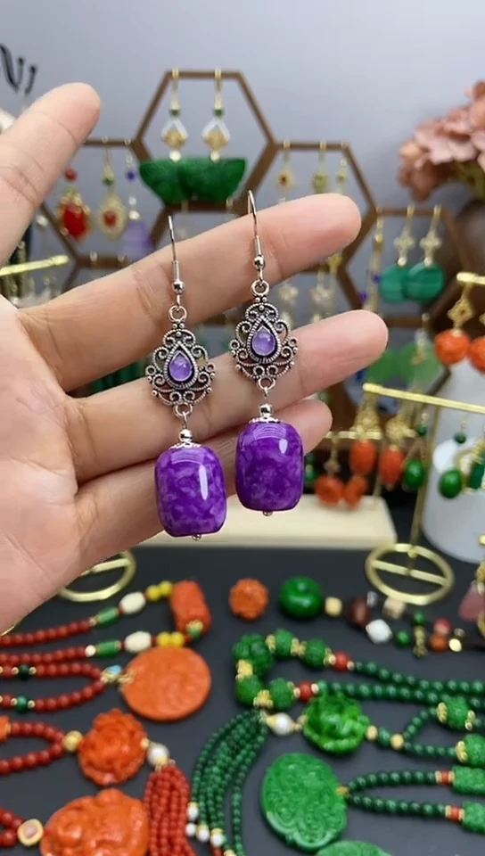【闪购商品】玛瑙/玉髓耳饰合金紫舒桶珠紫钻花牌