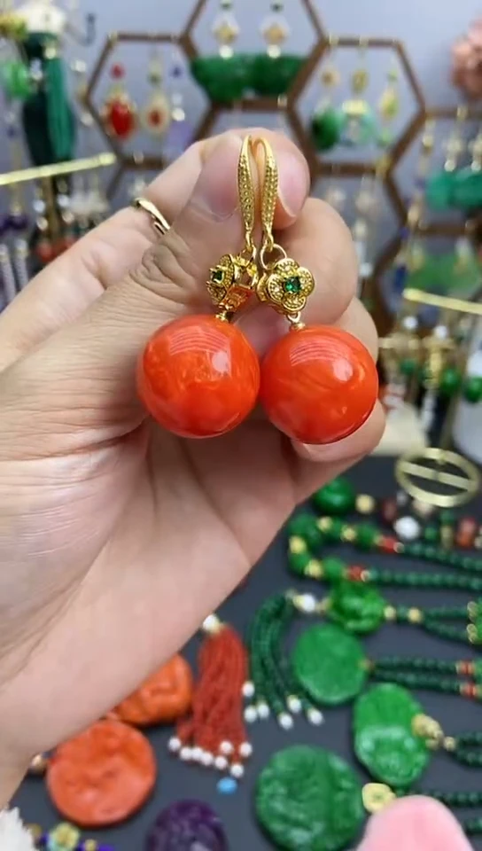 【闪购商品】玛瑙/玉髓耳饰合金桔红大单珠