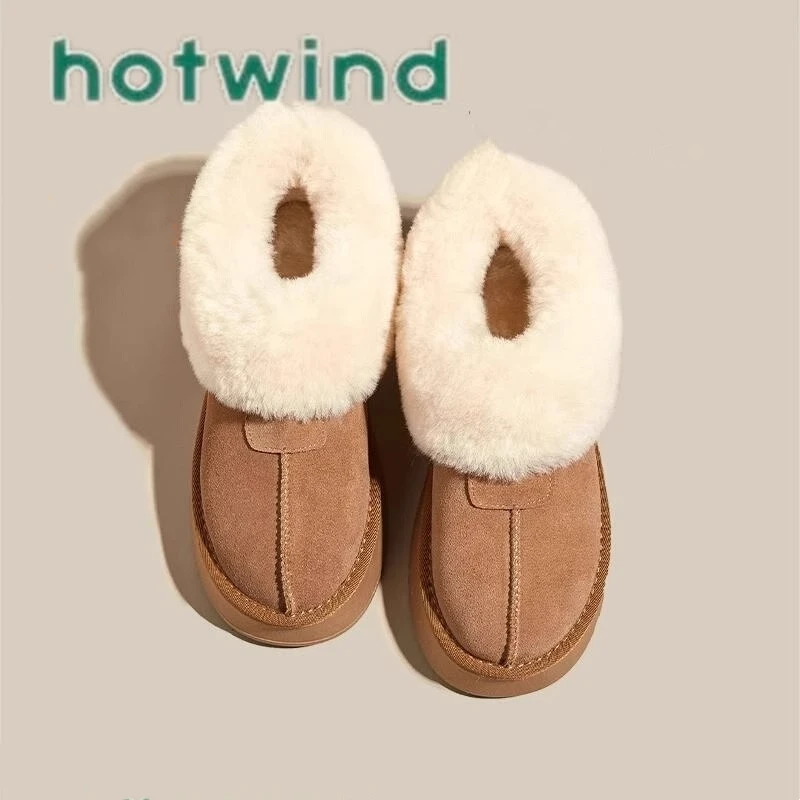 Hotwind/热风厚底皮毛一体雪地靴女加绒棉鞋2024冬季新款面包鞋子