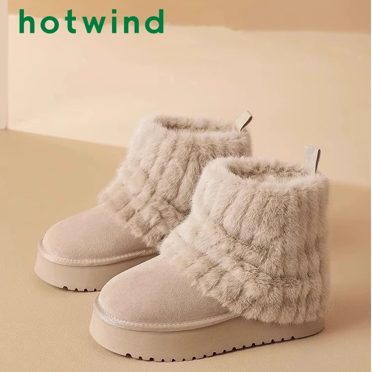 热风毛毛雪地靴女冬季2024新款加绒加厚短靴裤管厚底大头东北棉鞋