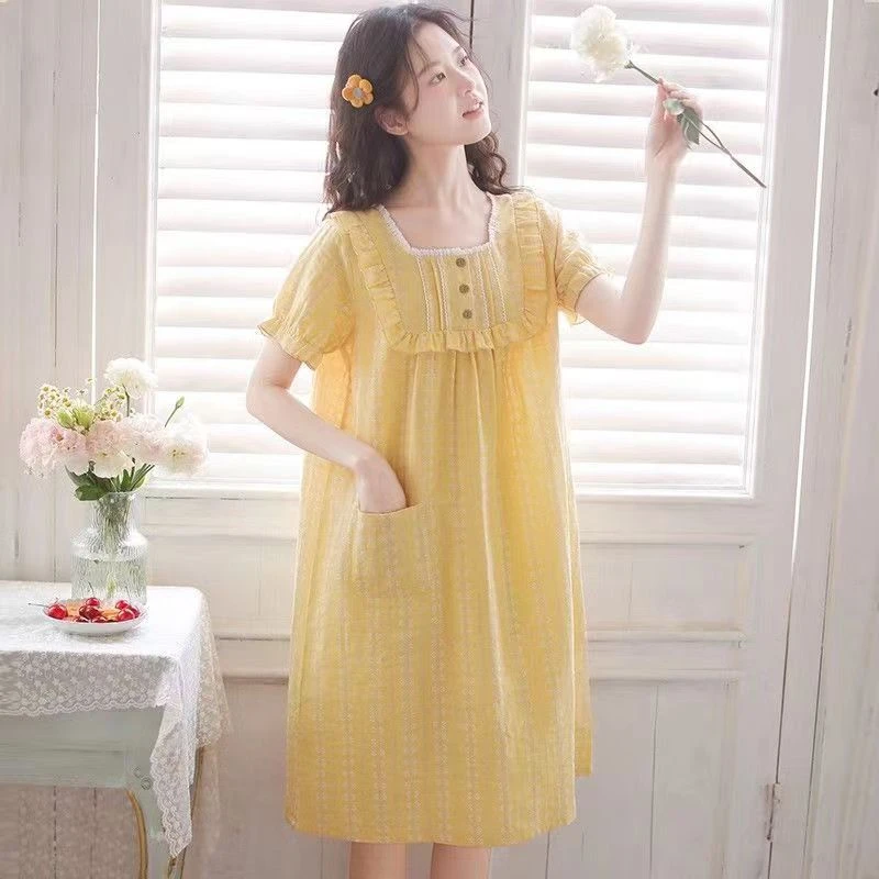 睡裙女夏季短袖棉质宽松大码甜美新款夏天薄款家居服睡衣连衣裙