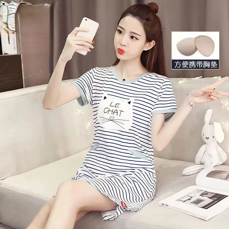 睡衣女夏季可爱纯棉清新睡裙女宽松短袖学生韩版少女全棉薄可外穿