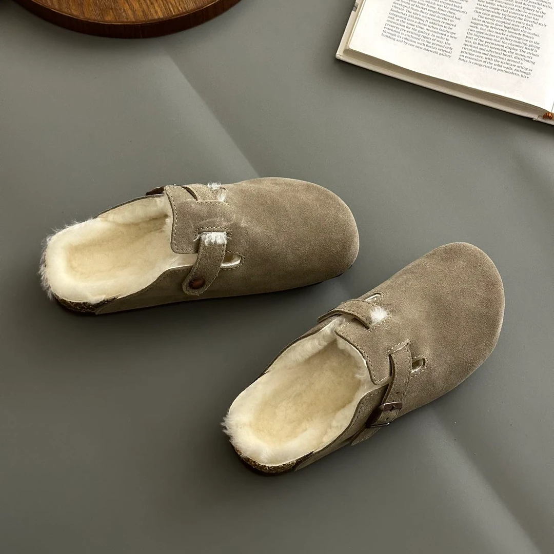 【勃肯半包加毛】秋冬新款勃肯半包加绒软木拖鞋情侣毛绒保暖