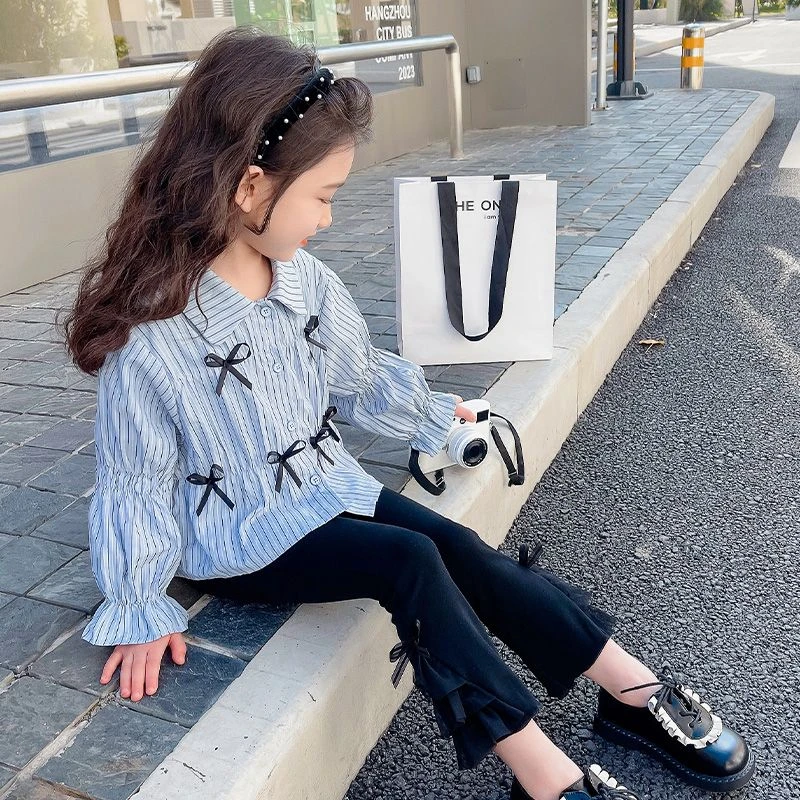 女童套装2025春秋新款韩版洋气衬衫网红喇叭裤子女孩学院两件套