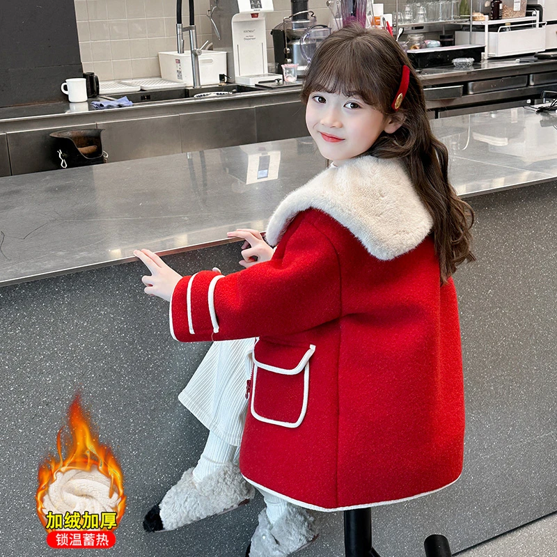 女童装加绒加厚毛领外套2023新款毛呢大衣中大儿童女孩红色拜年服