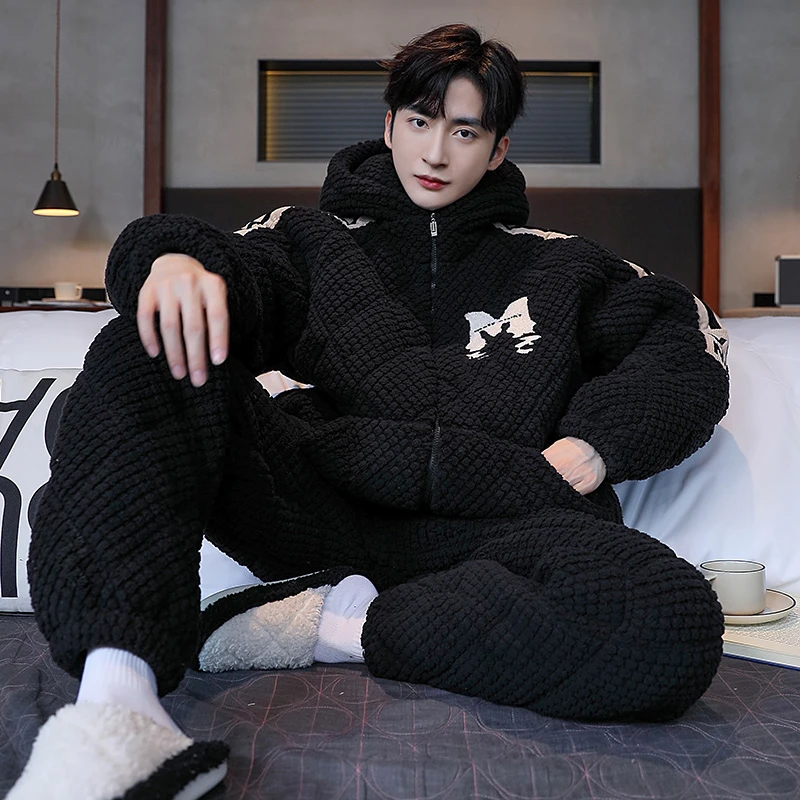 冬季睡衣男三层加厚加绒珊瑚绒夹棉2025新款潮款带帽家居服可外出