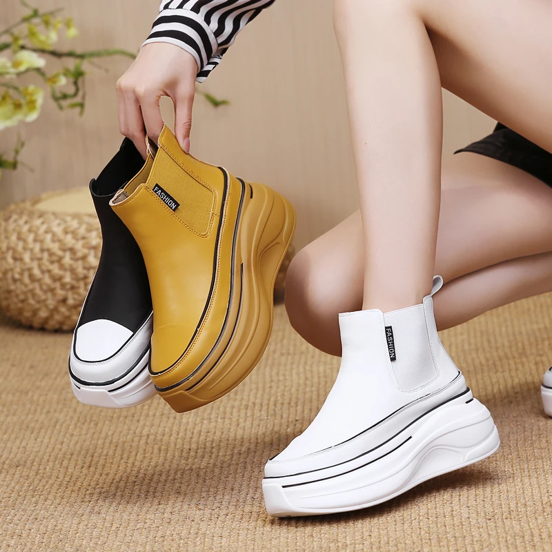 跟高6cm 软皮厚底切尔西靴女靴2024秋冬新款时尚短靴一脚蹬马丁靴