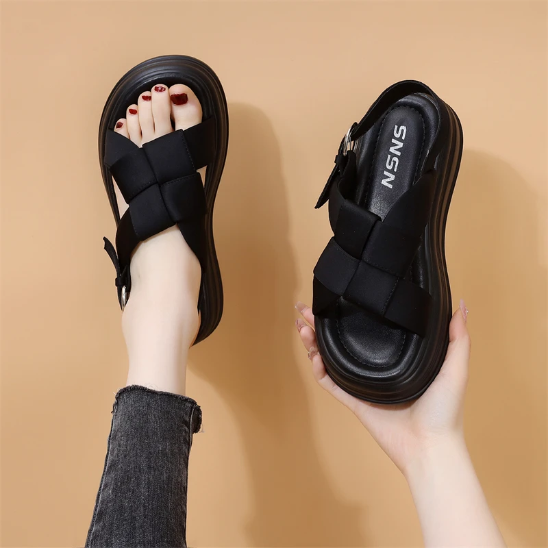 跟高5cm 罗马凉鞋女2025夏季新款时尚厚底沙滩鞋露趾编织软底凉鞋