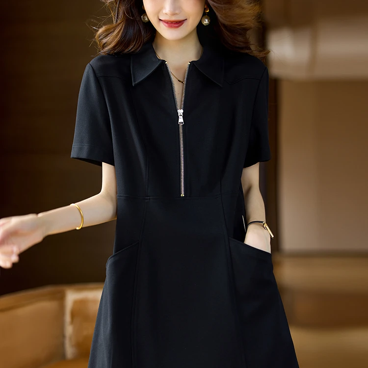 休闲翻领黑色连衣裙女夏季2025新款a字裙欧货时尚POLO领大码女装