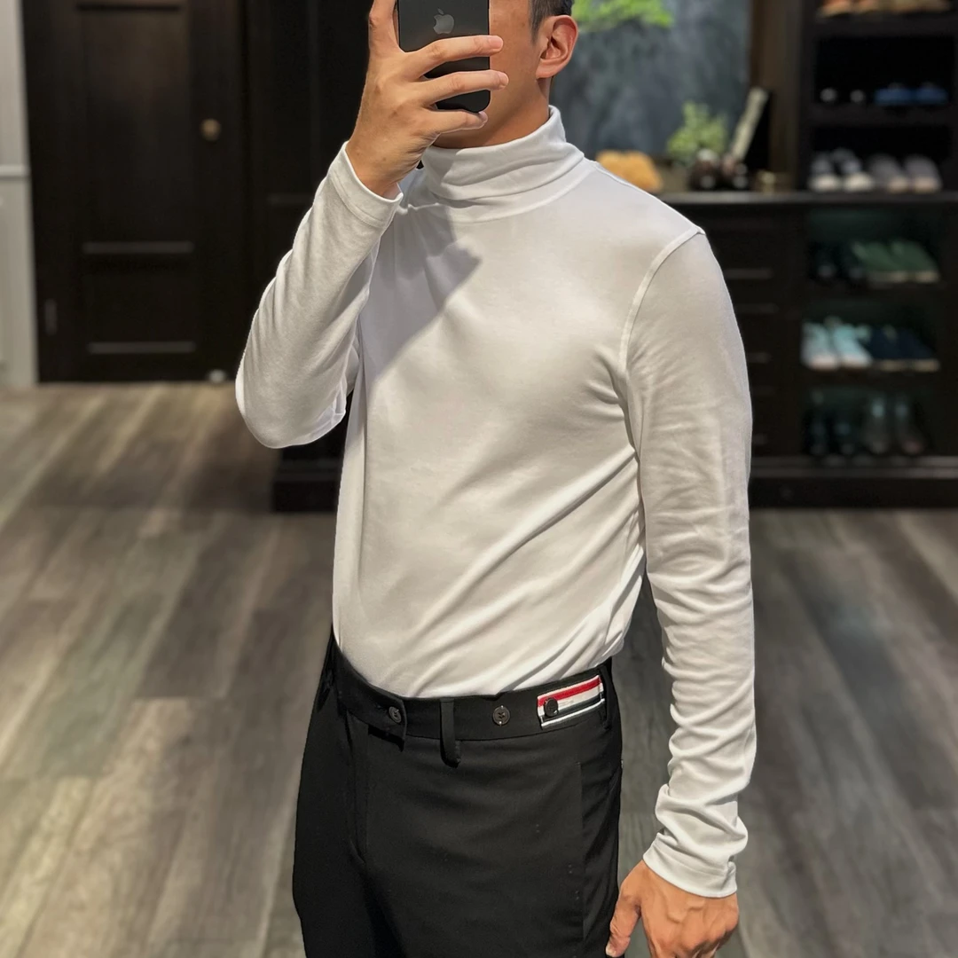 C++时尚男士莫代尔棉弹力修身双翻高领长袖T恤纯色舒适百搭LT038