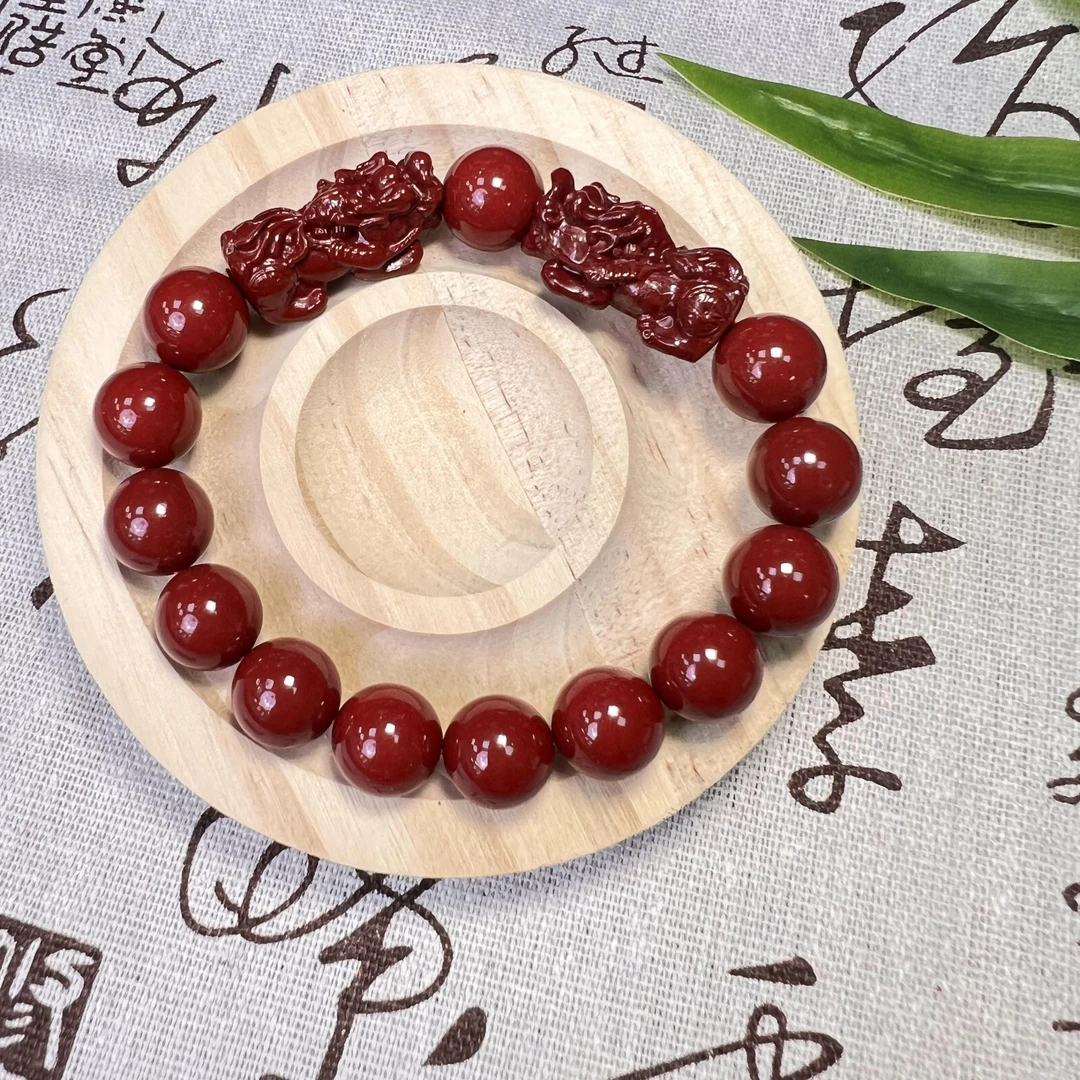 含辰砂工艺品ZS20大貔貅卡12mm圆珠单圈紫红色古法手串手链简约