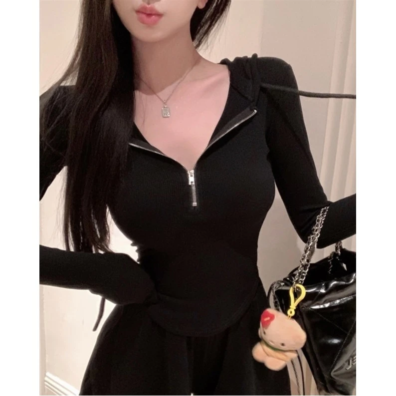 现货   08029 百搭休闲长袖拉链T恤修身显瘦连帽短款上衣女