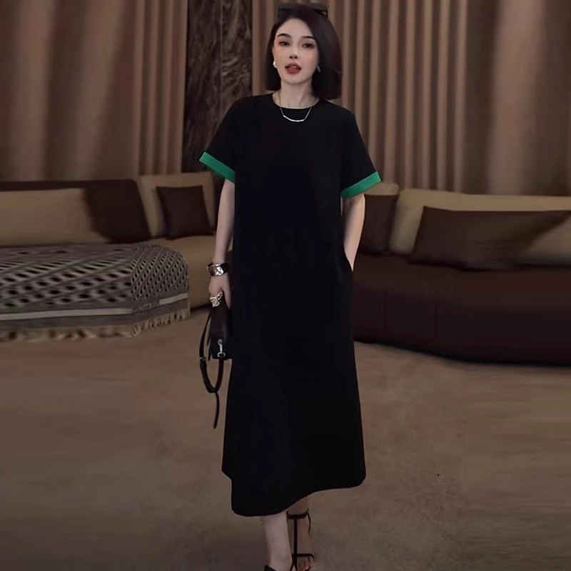 欧货高端大码宽松长款体T恤裙子夏季新款短袖撞色时尚减龄连衣裙