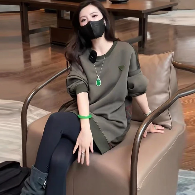 欧货高端大码宽松时尚中长拼色卫衣秋冬新款加绒加厚保暖打底上衣