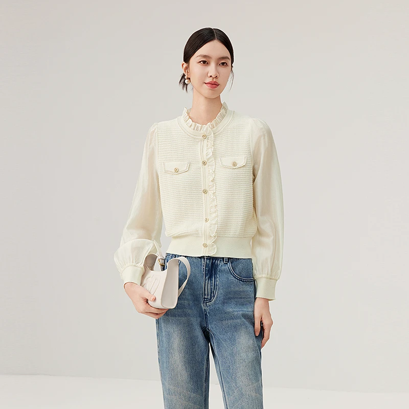 BADINA芭蒂娜小香风针织衫2024年冬季新款羊毛木耳边上衣644P163
