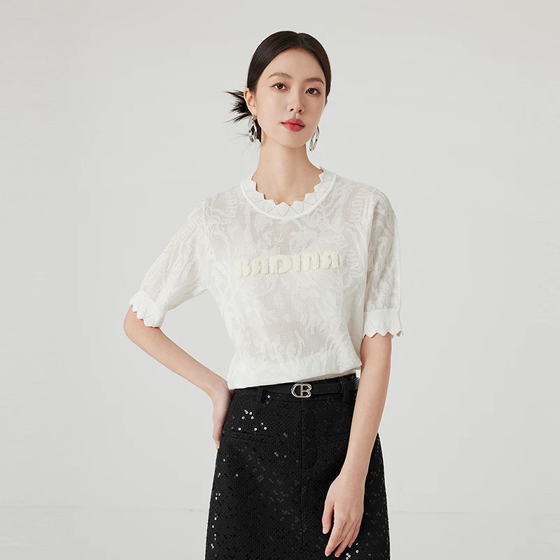 BADINA圆领短袖毛针织衫T恤新款设计感玻璃纱上衣641P086