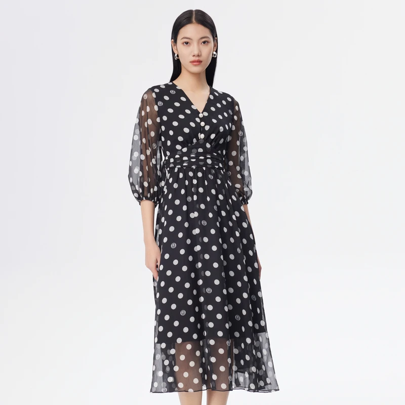 BADINA/芭蒂娜印花雪纺新款V领中长波点连衣裙632U043