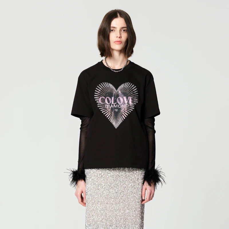 COLOVE爱心黑色T恤新款时尚洋气设计感短袖上衣233R071