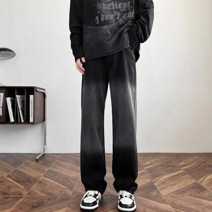 美式vibe黑色渐变牛仔裤男款水洗做旧高街裤子直筒宽松休闲阔腿裤