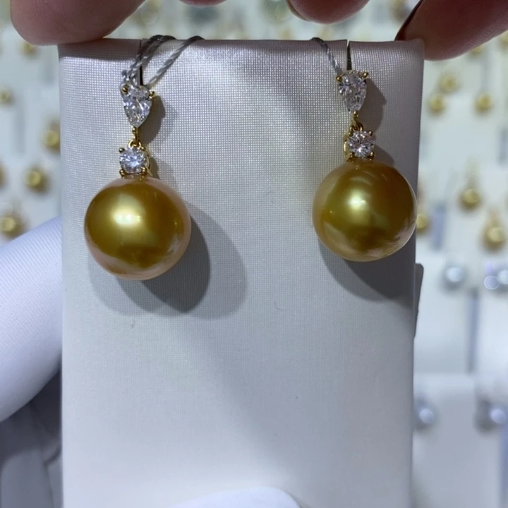 海水珍珠耳饰18K金镶嵌金珠12-13mm