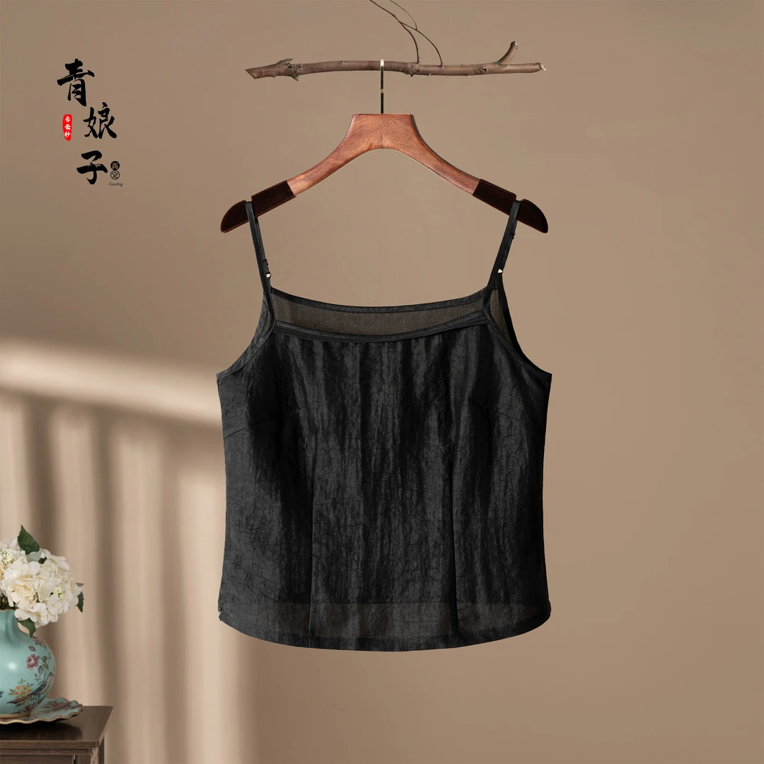 青娘子香云纱拼接真丝双绉简约百搭背心打底显瘦休闲吊带-40001