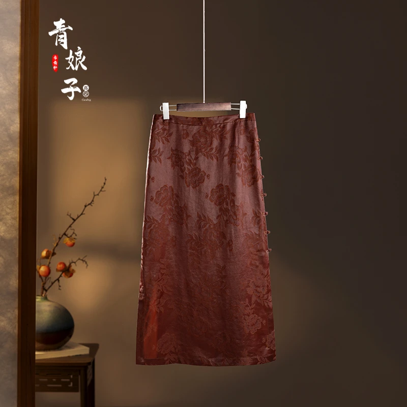 青娘子（韵棠）提花花萝时尚气质百搭新中式开叉半身包臀裙---51205