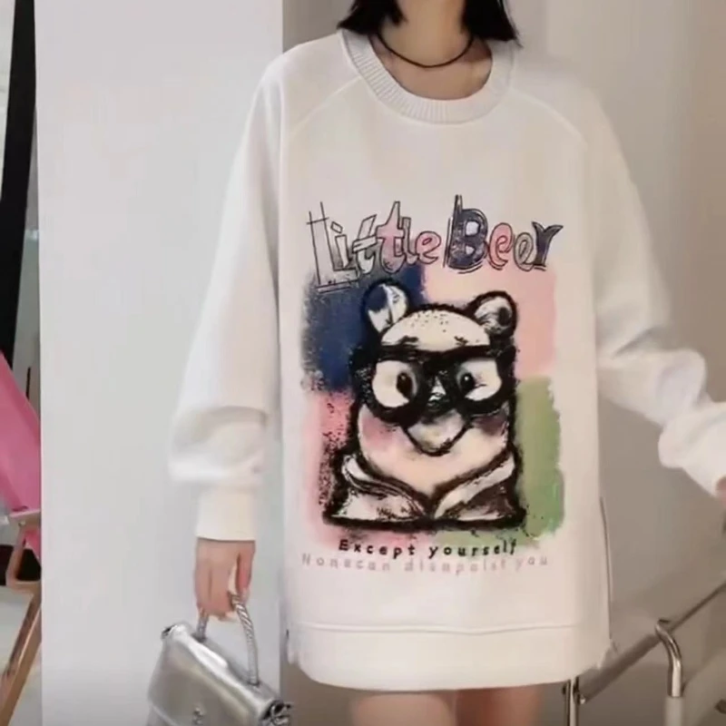 眼镜维尼熊卫衣加绒9953长袖时尚秋冬印花百搭饕餮大码女装