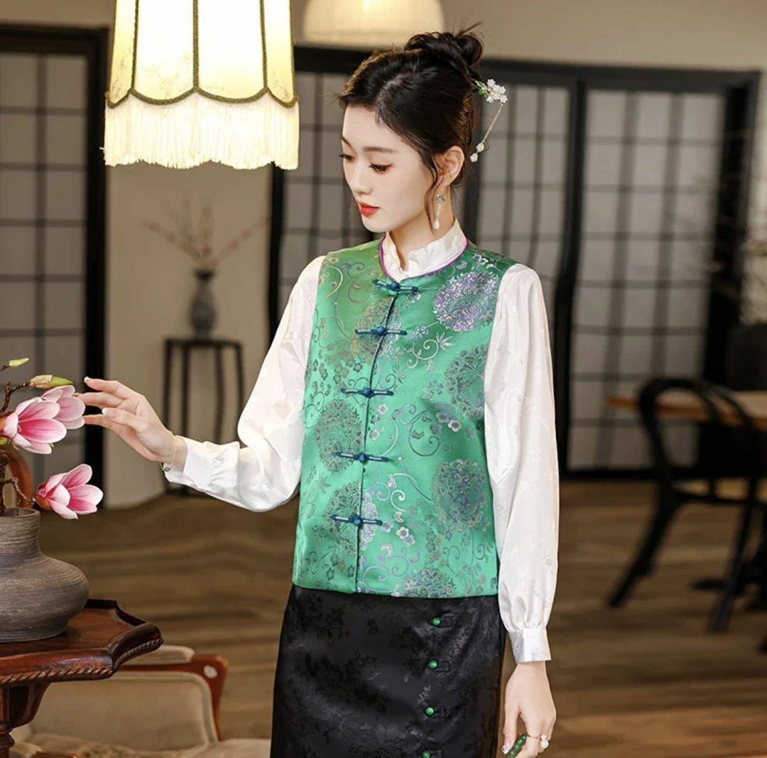 【SHANGLIU】新中式国风桑蚕丝宋锦可穿时尚气质马甲JM1099（223）