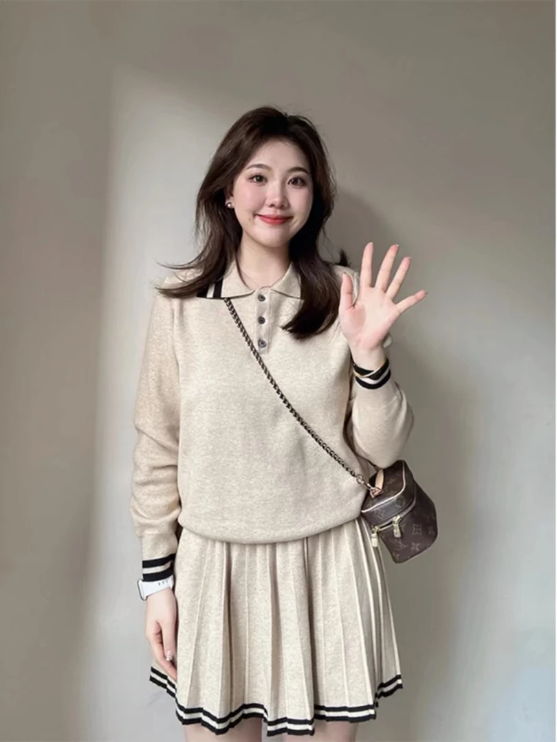 可爱甜美套装学院风长袖毛衣女秋季针织百褶裙短裙小个子两件套女