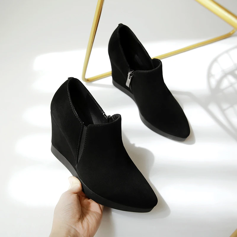 坡跟女鞋春秋尖头磨砂真皮防水台厚底内增高超高跟单鞋女2022新款