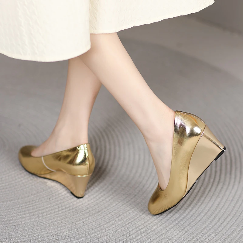 真皮浅口高跟鞋英伦风坡跟小皮鞋单鞋女尖头女鞋2024年春秋季新款