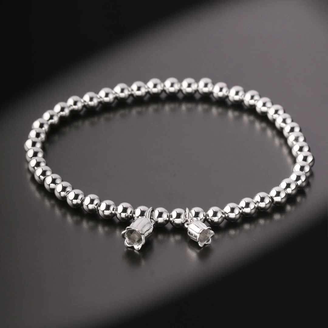 Pt950铂金光珠女士简约时尚铃兰花圆珠手链百搭气质白金手链光面