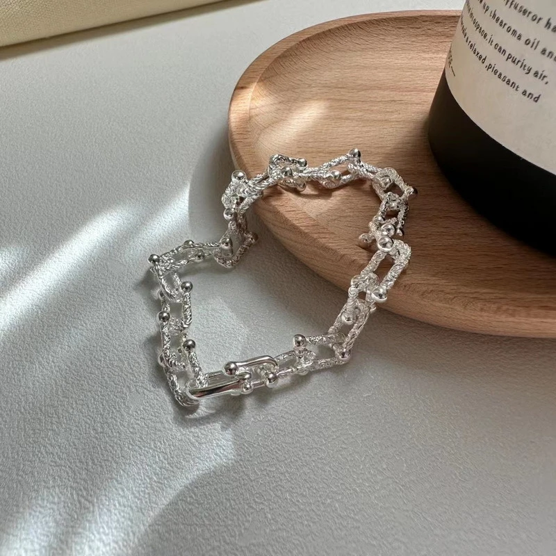 925银手链 重工U形马蹄链条手链 小众设计高级个性唐纹手环纯银