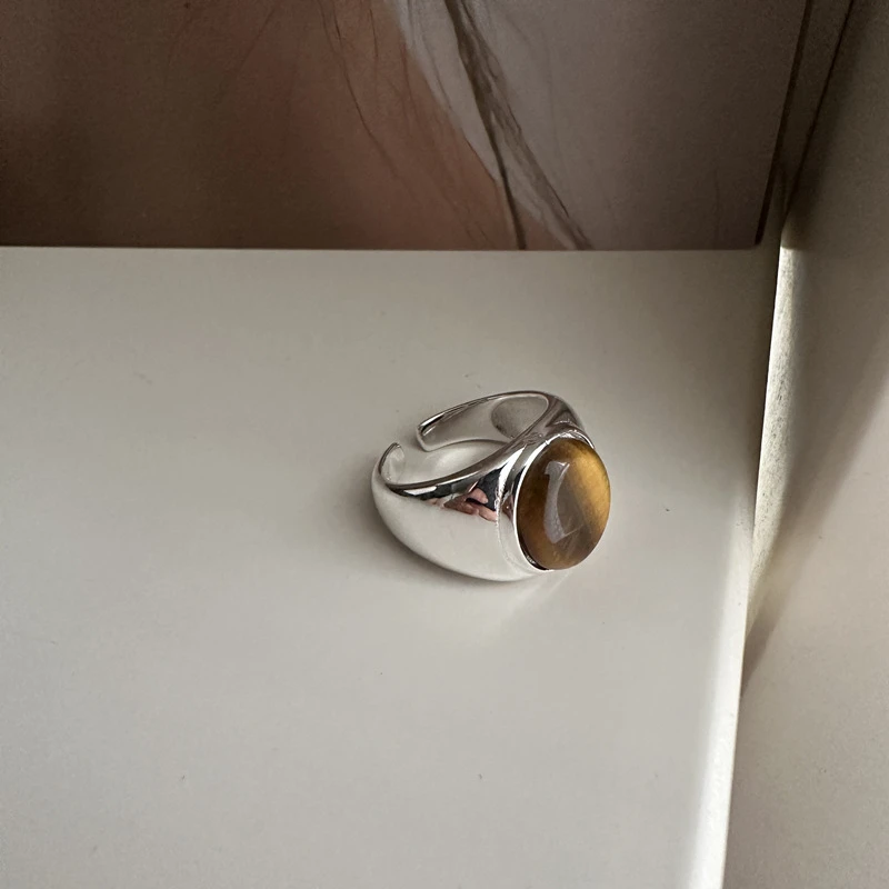 925银树脂戒指 美拉德棕色开口戒指 复古法式质感冷淡风光面指环