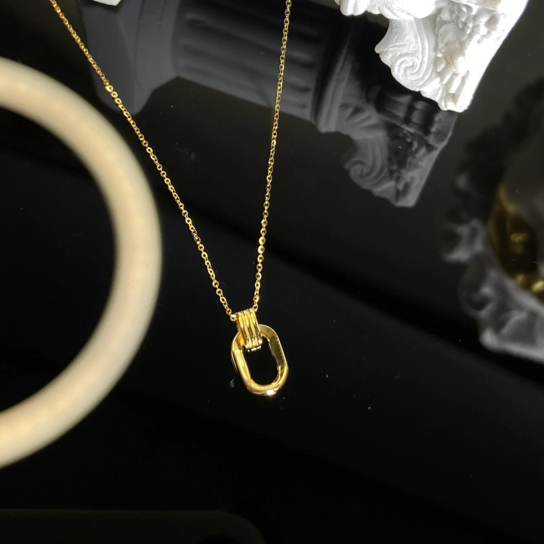 【芮泊】正品18K金几何双环套链  时尚百搭环环相扣坠链 气质项链