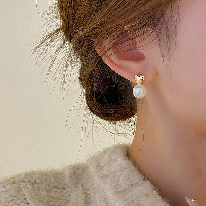 铜合金耳饰 爱心珠珠耳环女轻奢高级感小众耳坠爆款洋气韩国耳饰