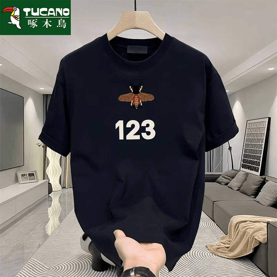 啄木鸟夏季男士纯棉短袖t恤男潮流宽松圆领百搭印花大码全棉半袖