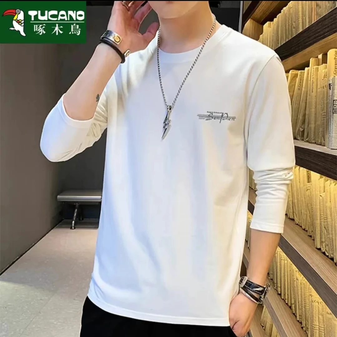 啄木鸟新款长袖t恤男纯棉潮牌春秋季圆领上衣打底衫休闲潮流男装