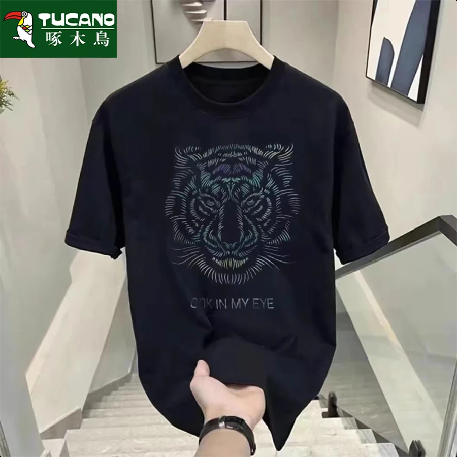 啄木鸟夏季男士纯棉短袖t恤男潮流宽松圆领百搭印花大码全棉半袖