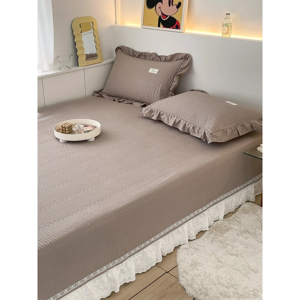 简约韩式坑单床盖床单三件套定制榻榻米绗缝纯纯色炕盖加厚炕单