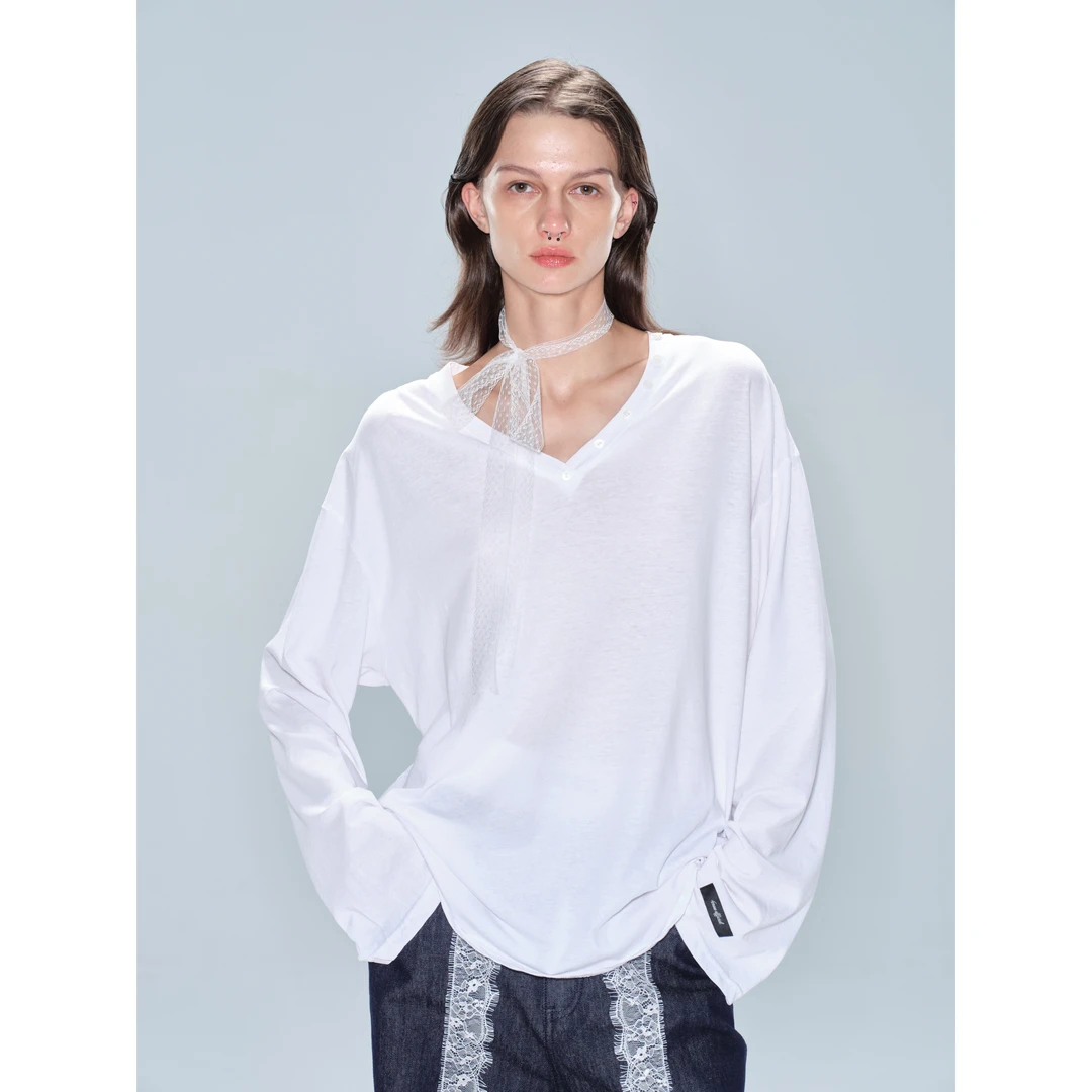 4now official 白色V领长袖衫T恤宽松轻薄防晒罩衫慵懒风上衣时尚