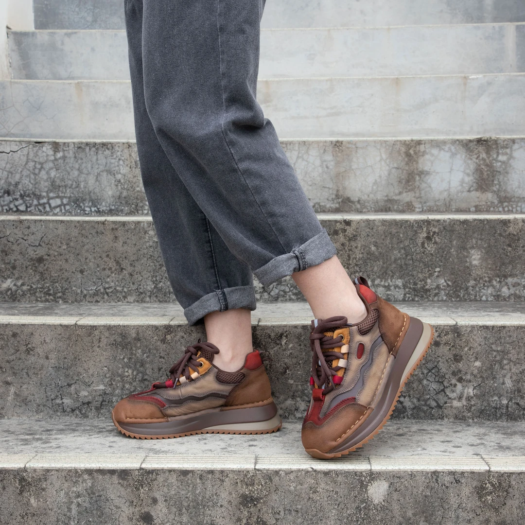 【正品】真皮复古拼色德迅鞋女2024秋冬新款圆头休闲厚底运动鞋