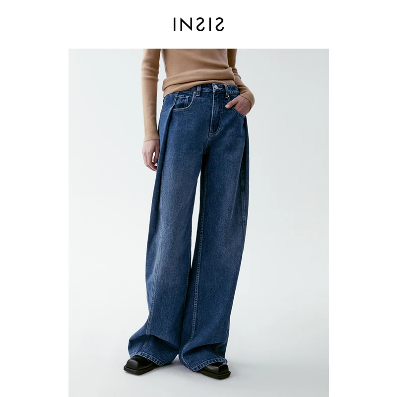 INSIS FEMME流浪裤定制长绒棉水洗黑显瘦时髦unisex阔腿牛仔裤女