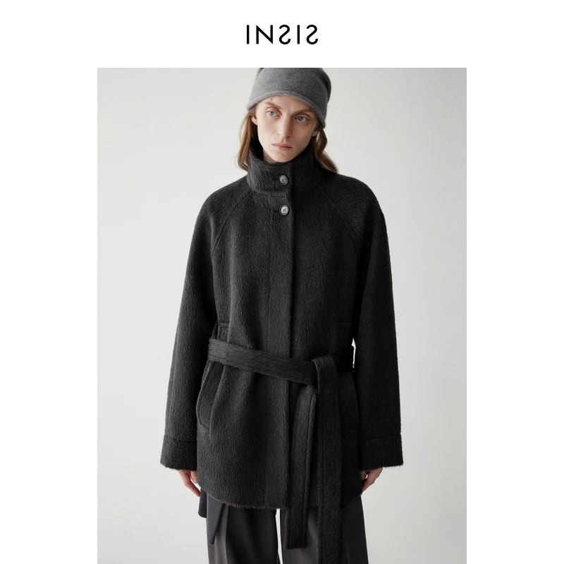 INSIS FEMME苏力羊驼毛2024冬季新款立领直身暗门襟短款大衣外套