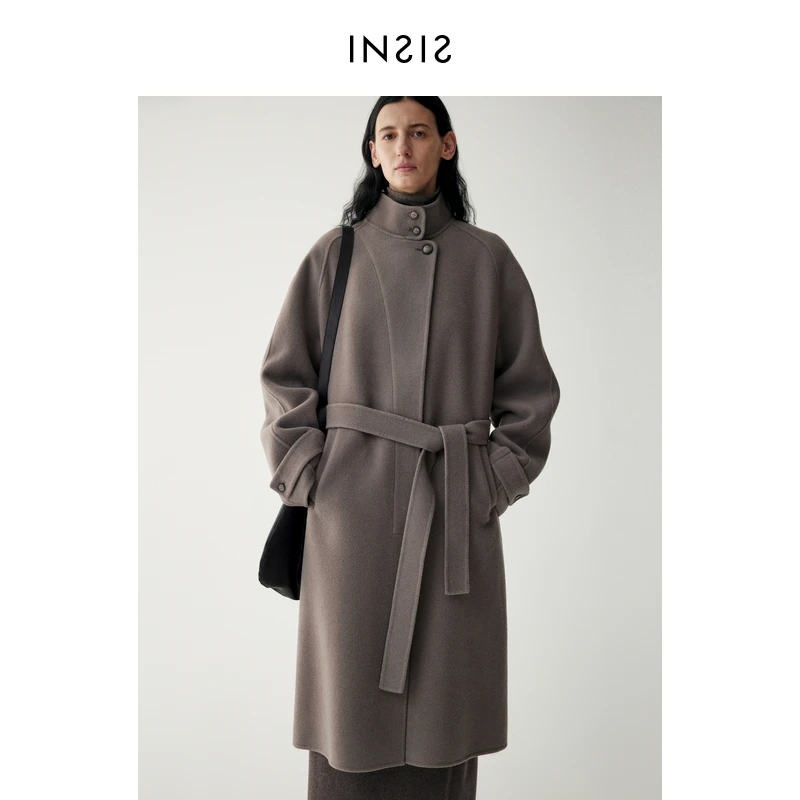 INSIS FEMME山羊绒2024冬季双面立绒立领曲线分割门襟大衣外套女