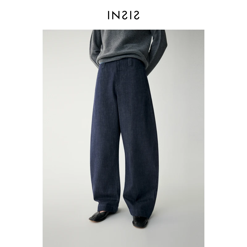 INSIS FEMME环保牛仔2024冬季新款极简弧形复古无腰头牛仔长裤女