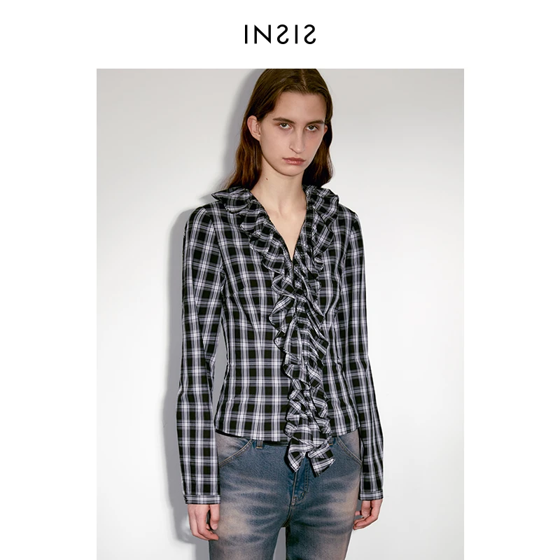 INSIS FEMME「中古系列」SUPIMA棉格纹春新款浪漫木耳边修身衬衫